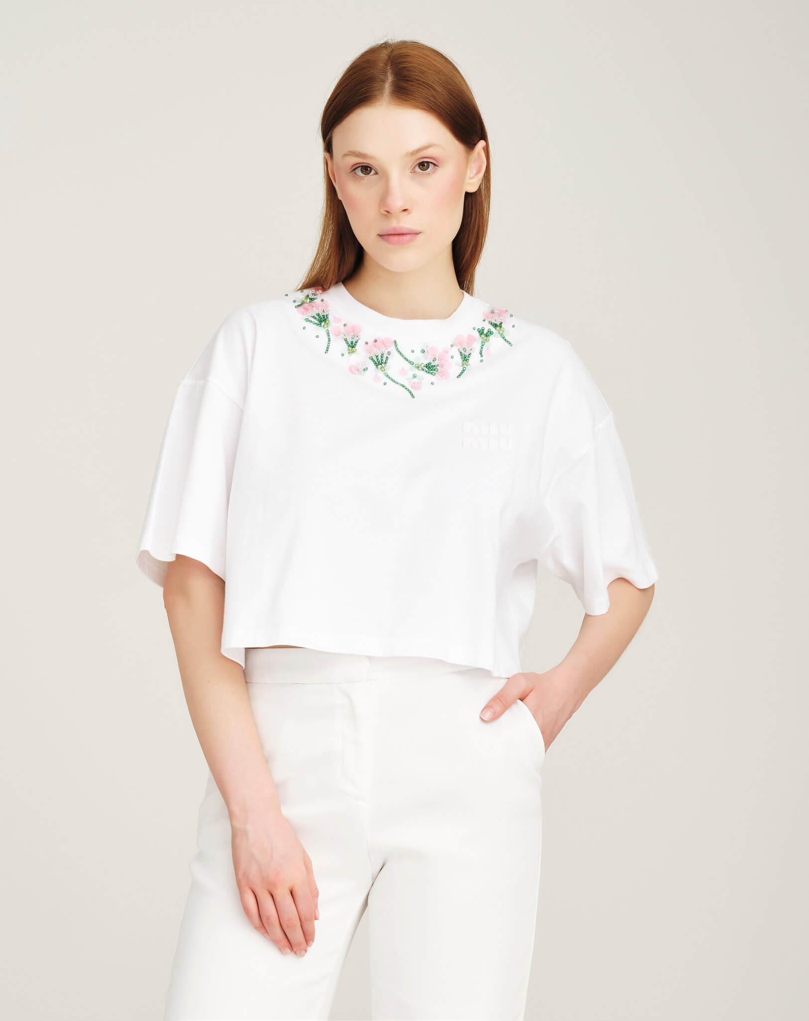 Miu Miu - Embellished Necklace Crop Tshirt S